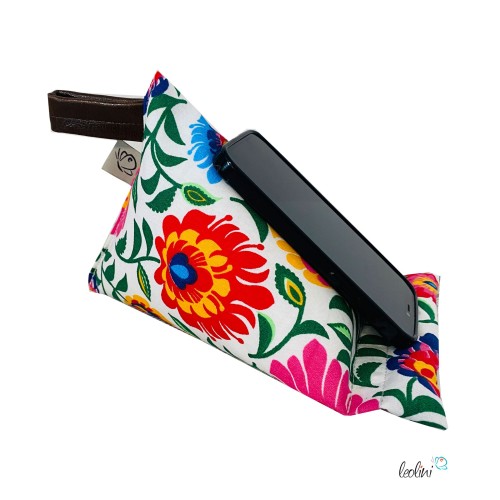 Handysitzsack | FLOWER POWER ROT aus Baumwolle | Stützkissen für Smartphone und Tablet  - 1