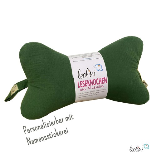Leseknochen MUSSELIN Double Gauze WALDGRÜN - personalisierbar mit Stickerei Leolini - 1