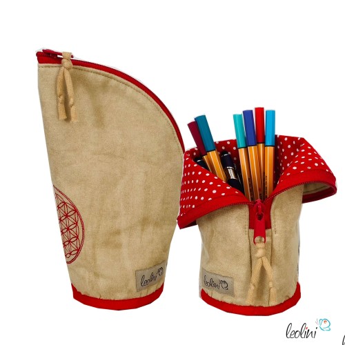 Stehende Stiftetasche Leo | Federpennal Federmäppchen Blume des Lebens ROT | personalisierbar mit Namen Leolini - 1