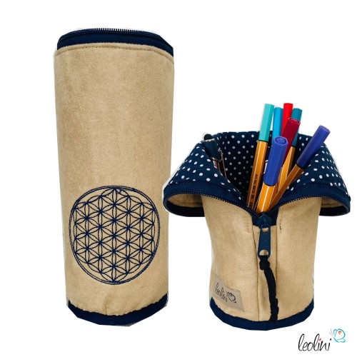 Stehende Stiftetasche Leo | Blume des Lebens DUNKELBLAU  Federpennal Federmäppchen  | personalisierbar mit Namen Leolini - 1