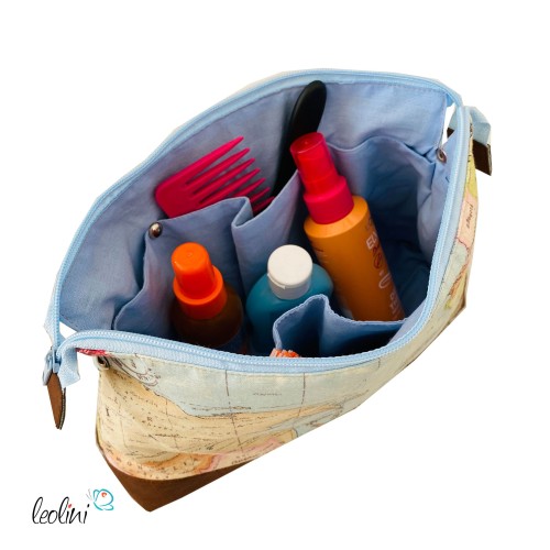 Große Kosmetiktasche | Kulturbeutel mit vielen Fächern WELT | Handarbeit von Leolini  - 4