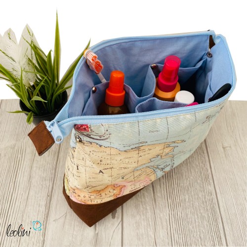 Große Kosmetiktasche | Kulturbeutel mit vielen Fächern WELT | Handarbeit von Leolini  - 6