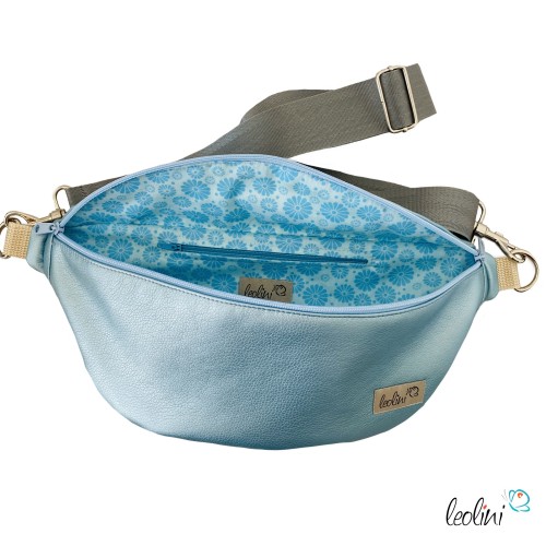 Bauchtasche XL | Crossbody-Bag | Gürteltasche aus Lederimitat EISBLAU METALLIC inkl. gemustertem Gurtband Leolini - 2