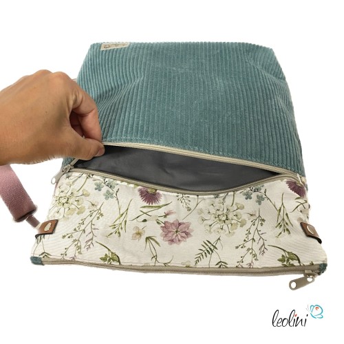 Umhängetasche Cord & Canvas MINT mit BLÜMCHEN | mit Außenfach Leolini - 3