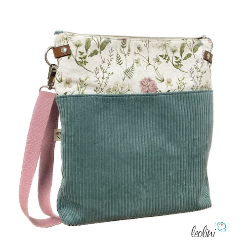 Umhängetasche Cord & Canvas MINT mit BLÜMCHEN | mit Außenfach Leolini - 6