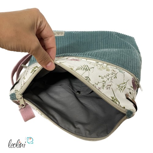 Umhängetasche Cord & Canvas MINT mit BLÜMCHEN | mit Außenfach Leolini - 4