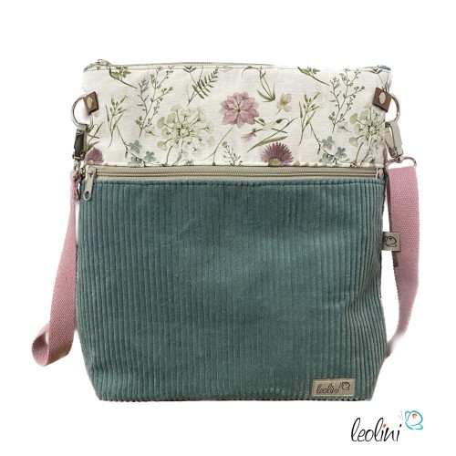 Umhängetasche Cord & Canvas MINT mit BLÜMCHEN | mit Außenfach Leolini - 1