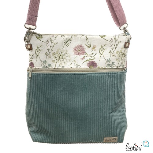 Umhängetasche Cord & Canvas MINT mit BLÜMCHEN | mit Außenfach Leolini - 2