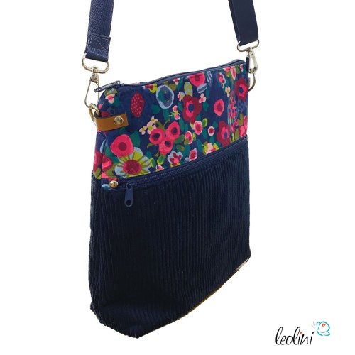 Umhängetasche Cord DUNKELBLAU BLÜMCHEN | mit Außenfach Leolini - 6