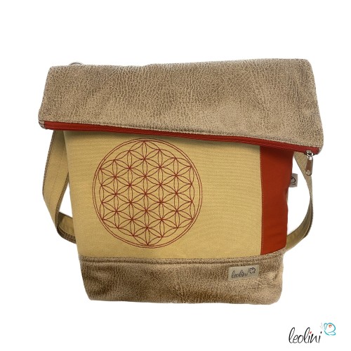 Foldover Tasche mit BLUME DES LEBENS Stickerei beige gold und ROST | mit Außenfach Leolini - 1
