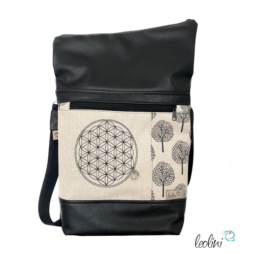 Foldover Tasche mit Blume des Lebens Stickerei und Lebensbaum in schwarz | mit Außenfach Leolini - 2