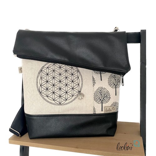 Foldover Tasche mit Blume des Lebens Stickerei und Lebensbaum in schwarz | mit Außenfach Leolini - 3