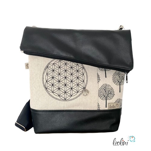 Foldover Tasche mit Blume des Lebens Stickerei und Lebensbaum in schwarz | mit Außenfach Leolini - 1