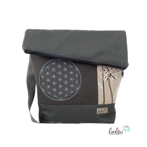 Foldover Tasche mit Blume des Lebens Stickerei mit Pusteblume | Grau | mit Außenfach Leolini - 1