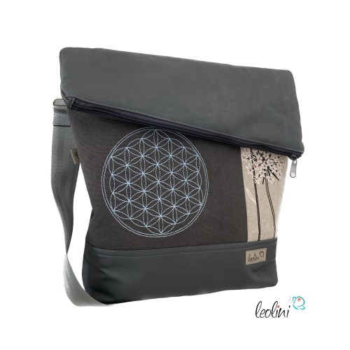 Foldover Tasche mit Blume des Lebens Stickerei mit Pusteblume | Grau | mit Außenfach Leolini - 3