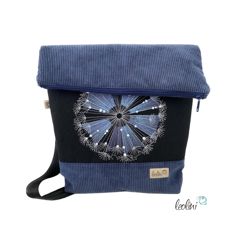 Foldover Tasche aus CORD mit Pusteblume Stickerei |Cordtasche in Jeansblau | mit Außenfach Leolini - 1