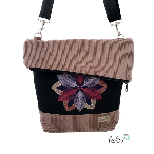 Foldover Tasche aus CORD mit Blumen Stickerei | Cordtasche in Helle Mauve | mit Außenfach Leolini - 4