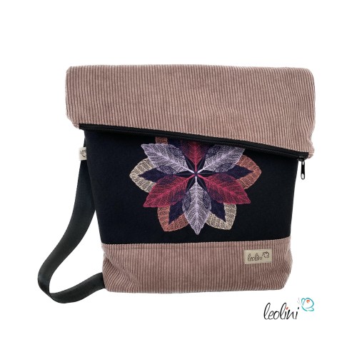 Foldover Tasche aus CORD mit Blumen Stickerei | Cordtasche in Helle Mauve | mit Außenfach Leolini - 1