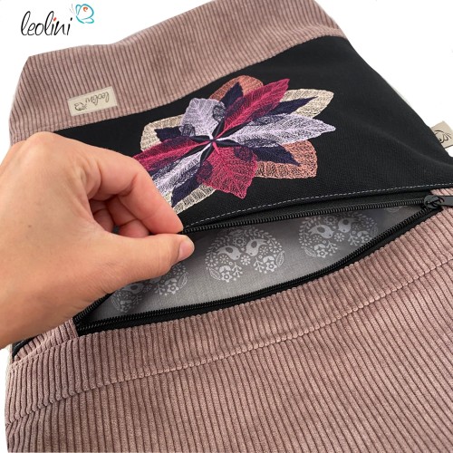 Foldover Tasche aus CORD mit Blumen Stickerei | Cordtasche in Helle Mauve | mit Außenfach Leolini - 6