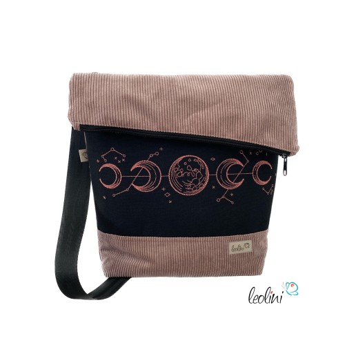 Foldover Tasche aus CORD mit MONDPHASEN Stickerei | Cordtasche in Helle Mauve | mit Außenfach Leolini - 1