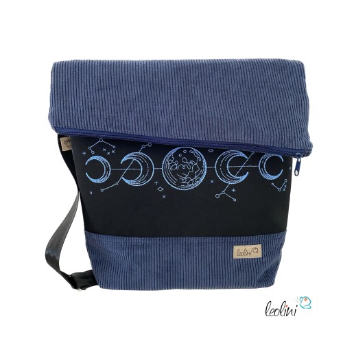 Foldover Tasche aus CORD mit MONDPHASEN Stickerei | Cordtasche in Jeansblau | mit Außenfach Leolini - 1