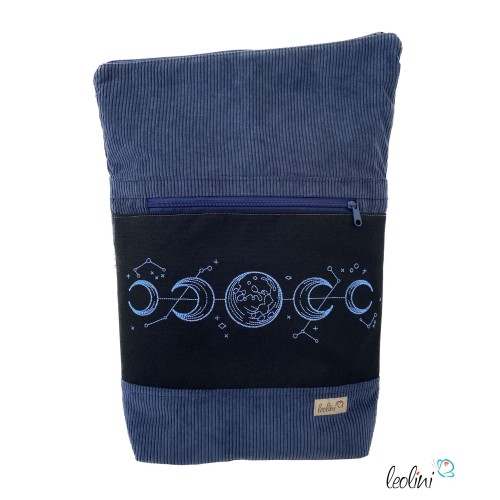 Foldover Tasche aus CORD mit MONDPHASEN Stickerei | Cordtasche in Jeansblau | mit Außenfach Leolini - 2
