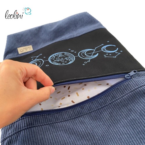 Foldover Tasche aus CORD mit MONDPHASEN Stickerei | Cordtasche in Jeansblau | mit Außenfach Leolini - 5
