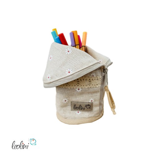 Stehende Stiftetasche Leo | Federpennal Federmäppchen GÄNSEBLÜMCHEN und SPITZENBORTE | personalisierbar mit Namen Leolini - 5