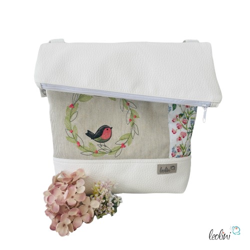 Foldover Tasche mit Vogerl Stickerei in weiß | mit Außenfach Leolini - 1