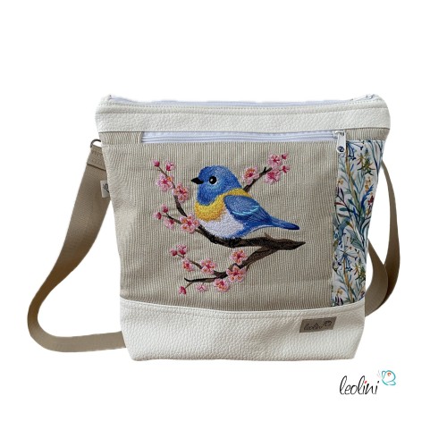 Umhängetasche KIRSCHBLÜTEN & BLAUMEISE Stickerei - Tasche mit praktischem Außenfach Leolini - 3