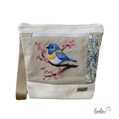 Umhängetasche KIRSCHBLÜTEN & BLAUMEISE Stickerei - Tasche mit praktischem Außenfach Leolini - 1