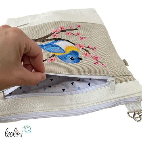 Umhängetasche KIRSCHBLÜTEN & BLAUMEISE Stickerei - Tasche mit praktischem Außenfach Leolini - 2