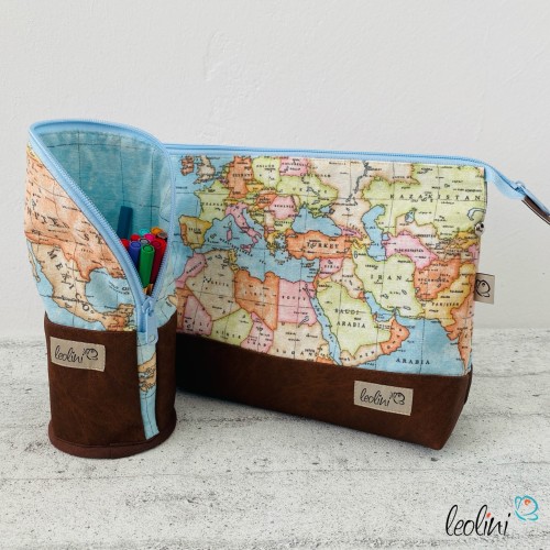 Stehende Stiftetasche Leo | Federpennal Schminktasche WELT | Lederimitat Leolini - 6