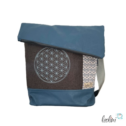 Foldover Tasche mit Blume des Lebens Stickerei | BLAU | mit Außenfach Leolini - 1