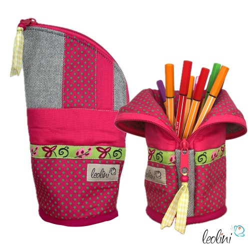 Stehende Stiftetasche Leo | Federpennal Federmäppchen PINKE PUNKTE | personalisierbar mit Namen Leolini - 1