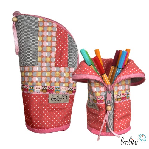 Stehende Stiftetasche EULE ROSA | Federpennal Federmäppchen Leo | personalisierbar mit Namen Leolini - 1