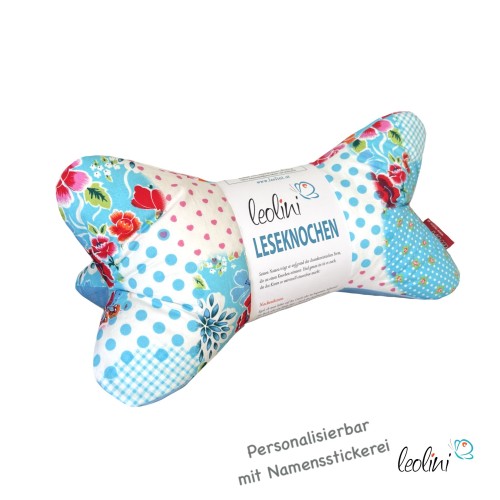 Leseknochen personalisierbar PATCHWORK hellblau | Nackenkissen  | handgemacht Leolini - 1