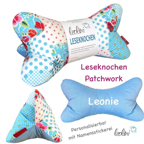 Leseknochen personalisierbar PATCHWORK hellblau | Nackenkissen  | handgemacht Leolini - 6