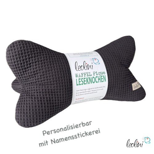 Leseknochen aus Waffelstoff | Nackenkissen ANTHRAZIT personalisierbar mit Name | handgemacht Leolini - 1