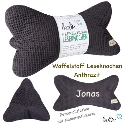 Leseknochen aus Waffelstoff | Nackenkissen ANTHRAZIT personalisierbar mit Name | handgemacht Leolini - 4
