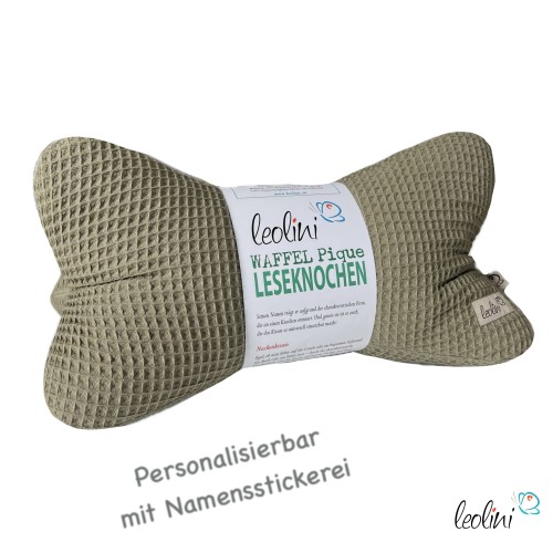 Leseknochen aus Waffelstoff | Nackenkissen OLIV | personalisierbar mit Name | handgemacht Leolini - 1