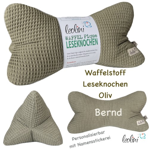Leseknochen aus Waffelstoff | Nackenkissen OLIV | personalisierbar mit Name | handgemacht Leolini - 5