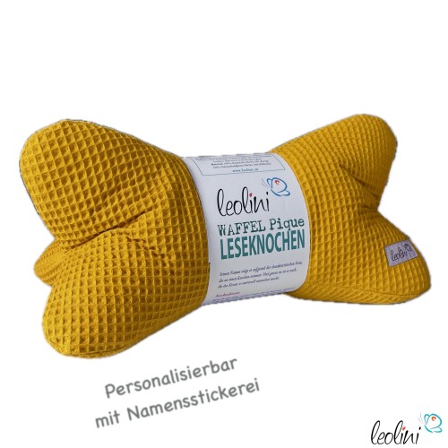 Leseknochen aus Waffelstoff | Nackenkissen SENFGELB | personalisierbar mit Name | handgemacht Leolini - 1