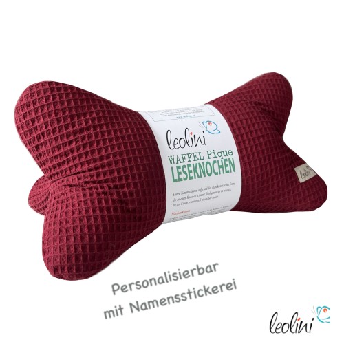 Leseknochen aus Waffelstoff | Nackenkissen BORDEAUX | personalisierbar mit Name | handgemacht Leolini - 1