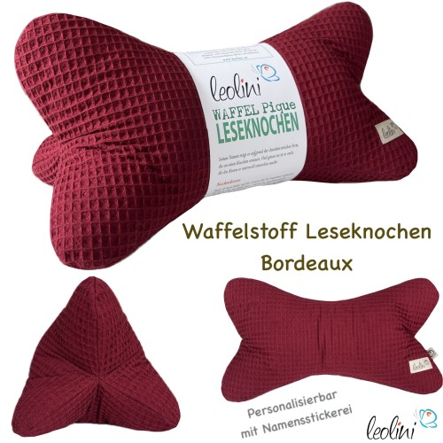 Leseknochen aus Waffelstoff | Nackenkissen BORDEAUX | personalisierbar mit Name | handgemacht Leolini - 4
