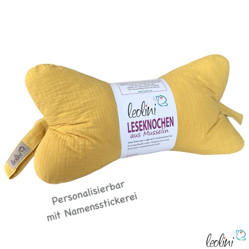 Leseknochen MUSSELIN Double Gauze | ALTGELB | personalisierbar mit Stickerei Leolini - 1