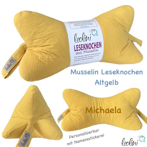Leseknochen MUSSELIN Double Gauze | ALTGELB | personalisierbar mit Stickerei Leolini - 5
