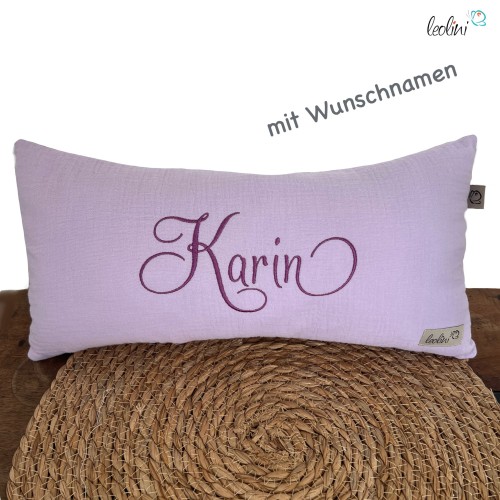 Kissen mit Namen aus Musselin | Namenskissen FLIEDER | Kissen mit Stickerei Leolini - 1