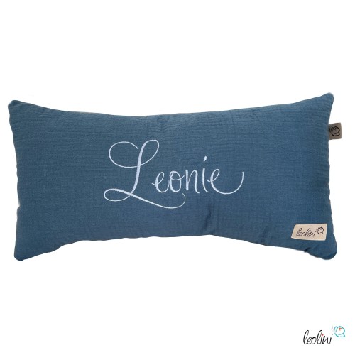 Kissen mit Namen aus Musselin | Namenskissen JEANSBLAU | Kissen mit Stickerei Leolini - 8
