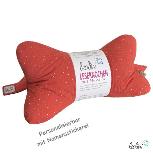 LeoliniLeseknochen MUSSELIN CORALLE mit Glitzer Punkte | personalisierbar mit Stickerei -Musselin Leseknochen unifarben